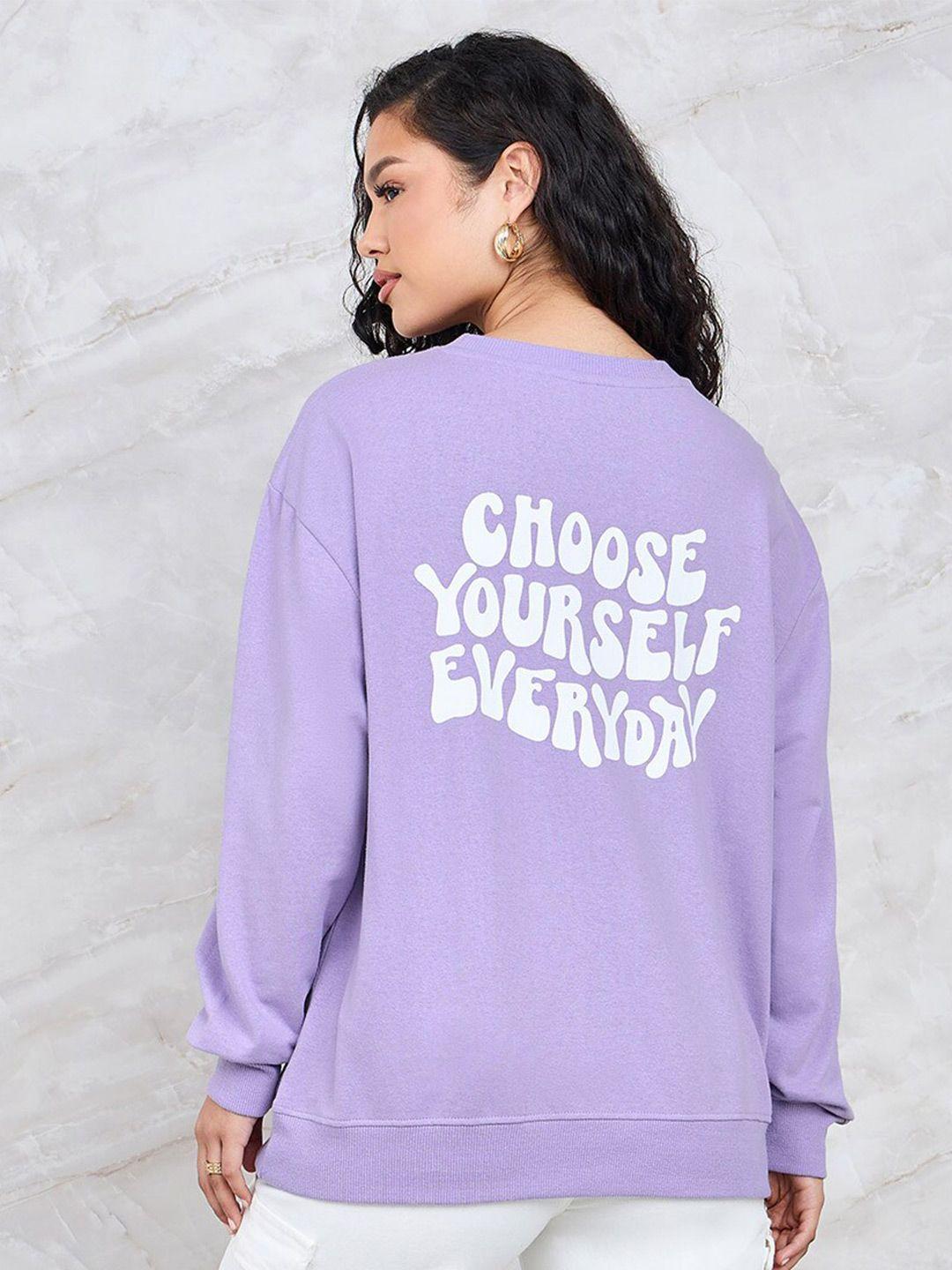 styli purple typography printed drop shoulder sleeves cotton sweatshirt