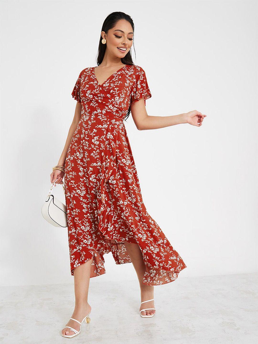 styli red & white floral printed flared sleeves asymmetric midi wrap dress