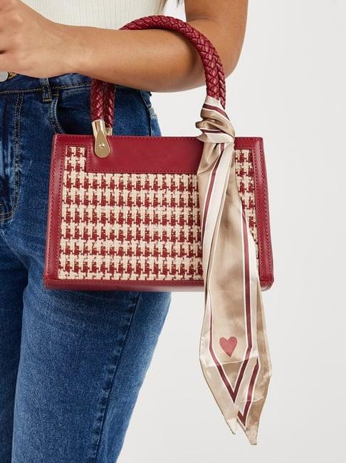 styli red textured tweed ribbon design satchel bag