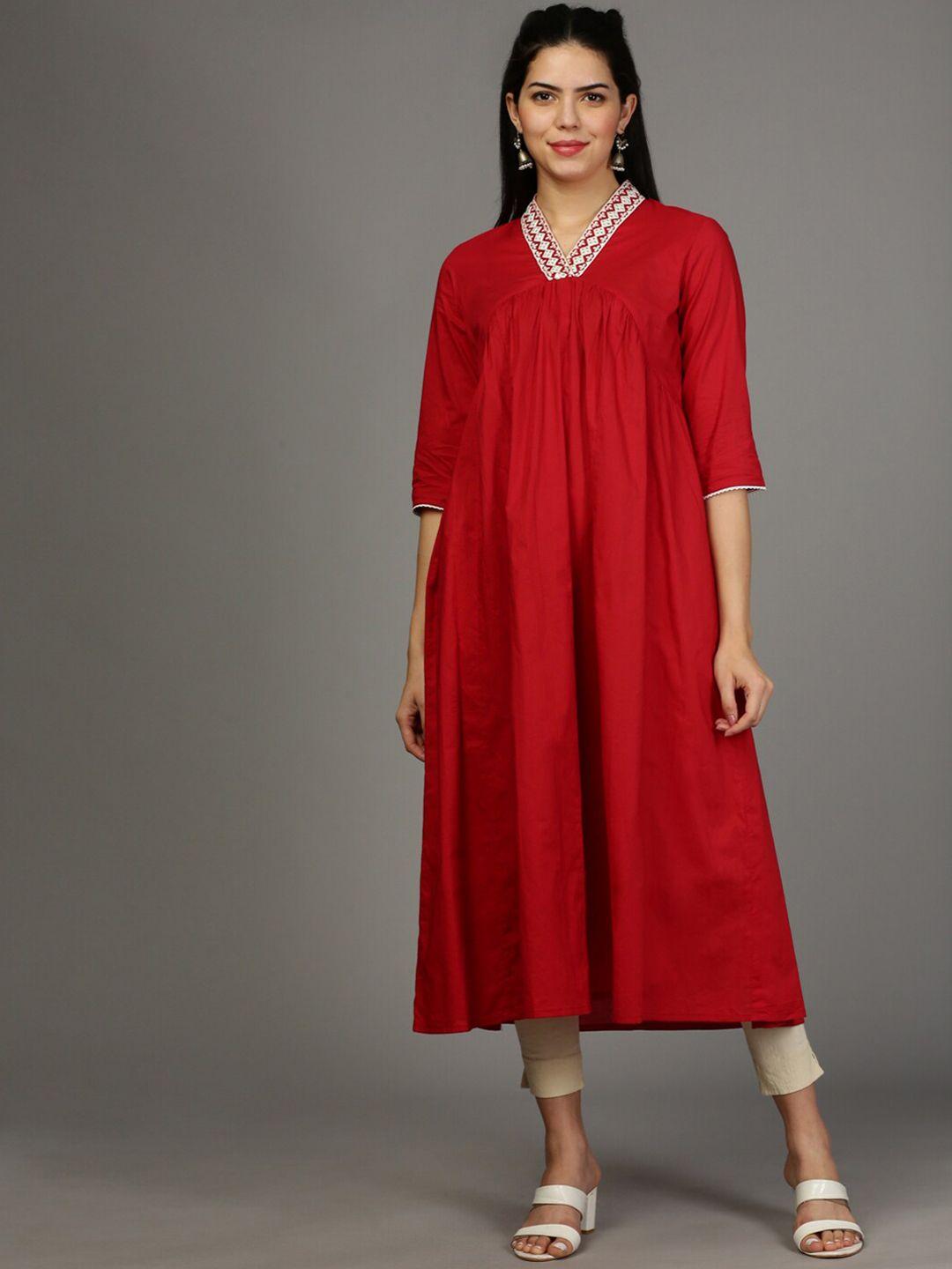 styli red v-neck thread work cotton anarkali kurta