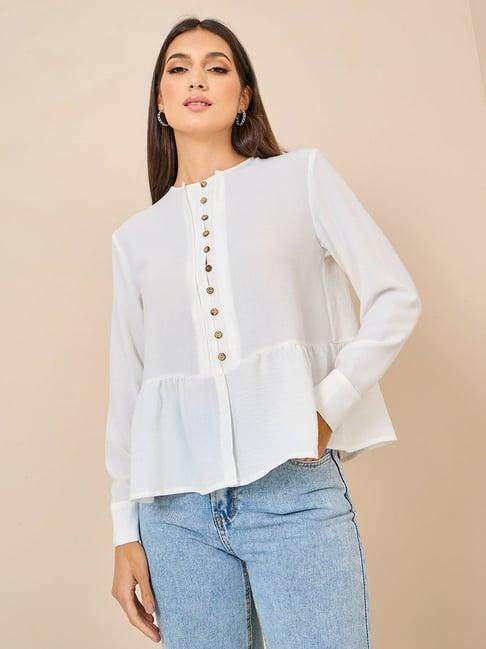 styli round neck button placket boxy fit peplum top