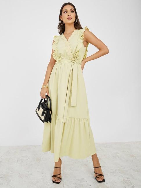 styli ruffle trim v neck a-line maxi dress