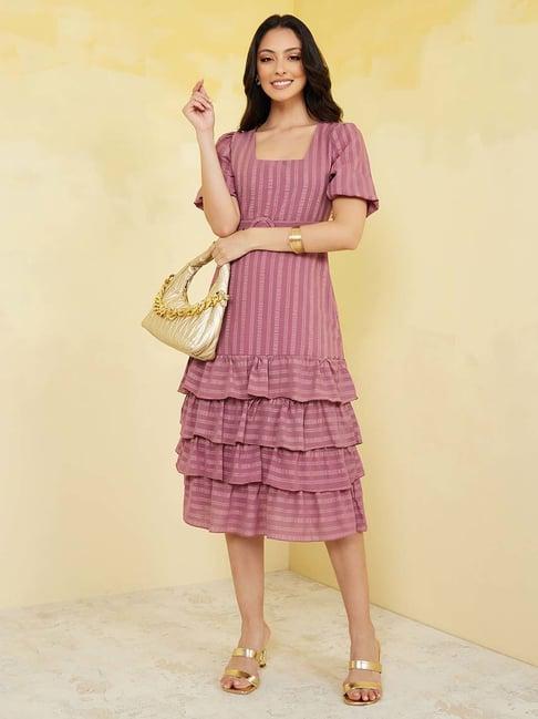 styli self design ruffled a-line belted midi dress