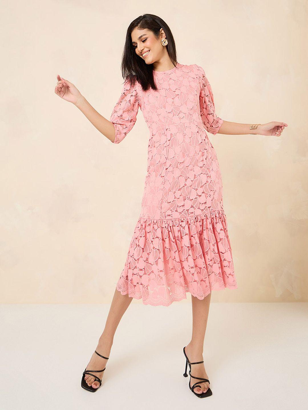 styli self design ruffled puff sleeves gathered detail sheath dress