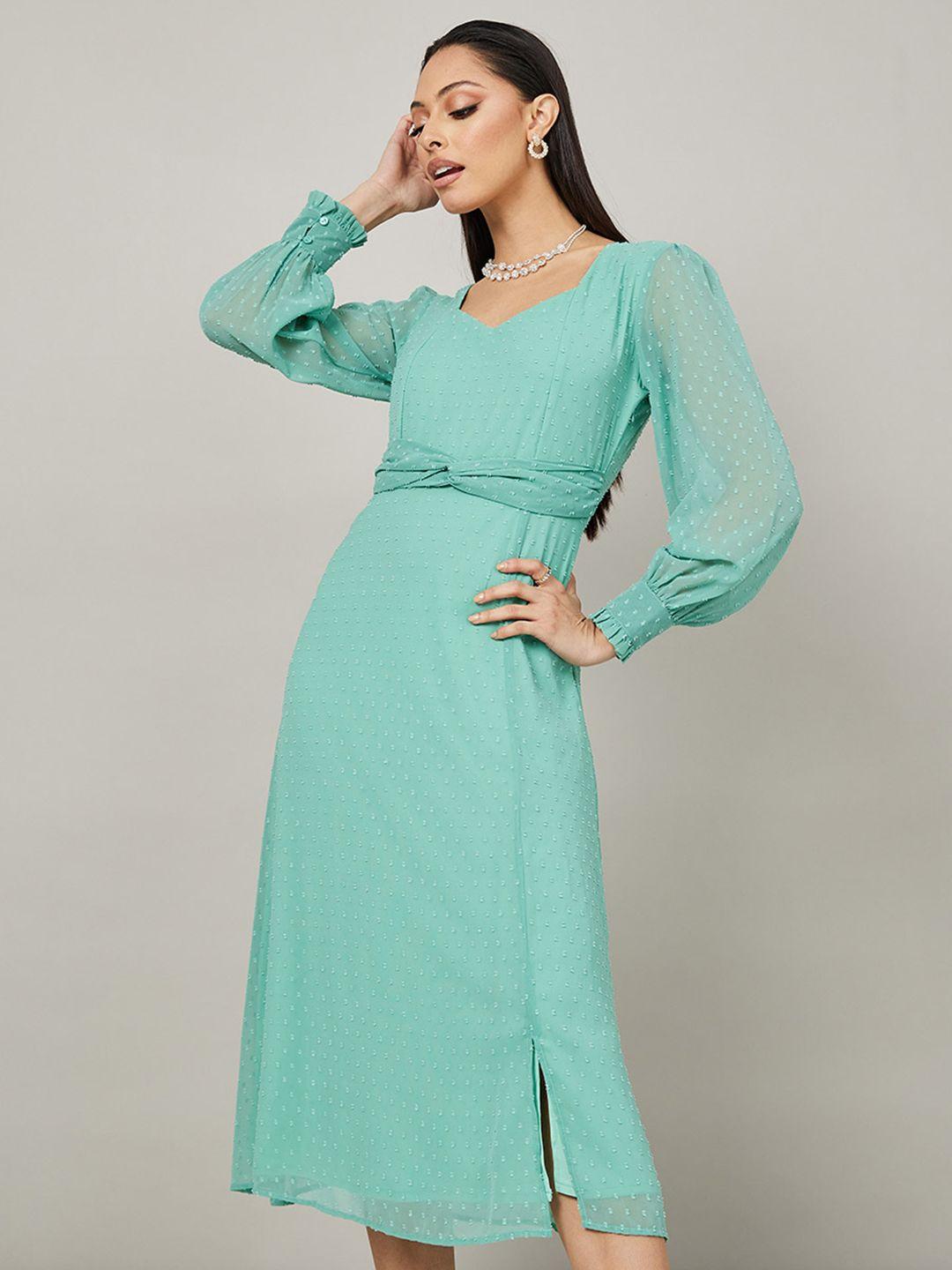 styli self design sweetheart neck puff sleeve dobby a-line midi dress