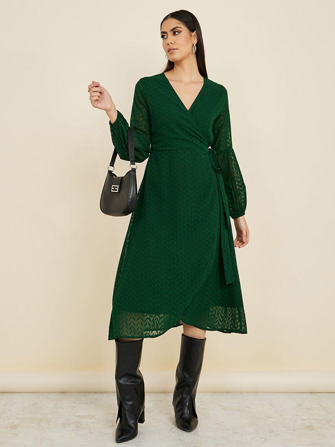 styli self design v-neck puff sleeves midi wrap dress