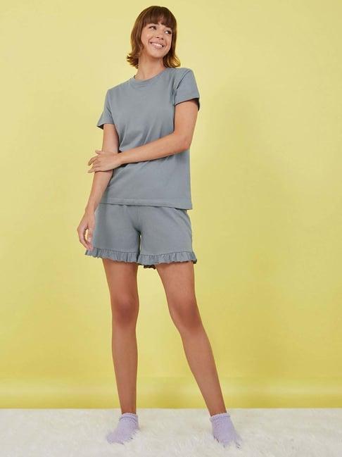 styli smoke grey cotton t-shirt shorts set