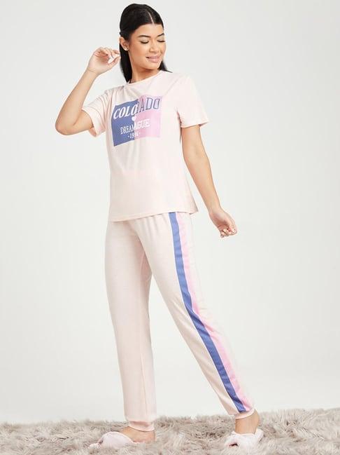 styli spliced graphic print t-shirt and side stripe cuffed pyjama set