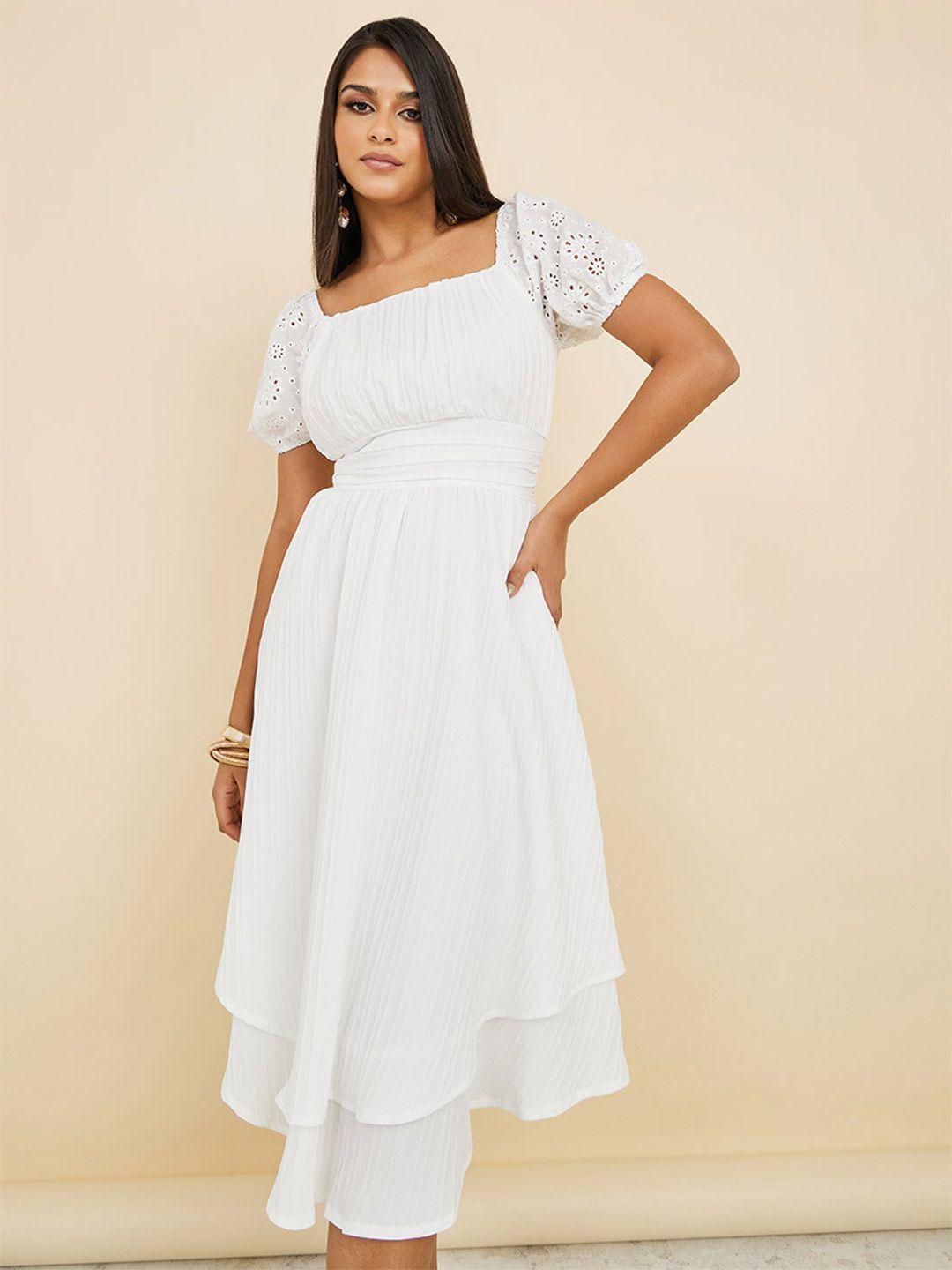 styli square neck puff sleeves fit & flare midi dress