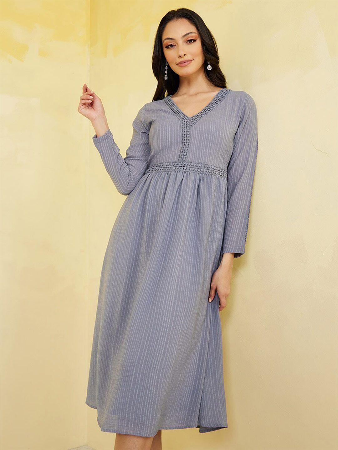 styli striped v-neck long sleeves midi a-line dress