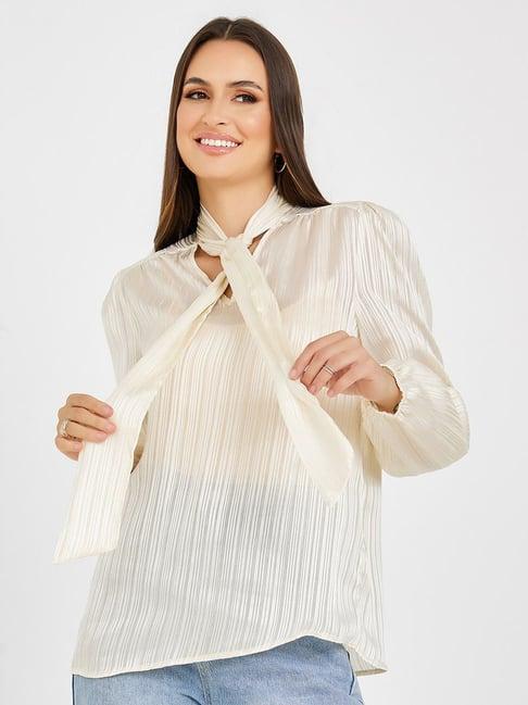 styli tie-up neck striped textured woven regular fit blouse