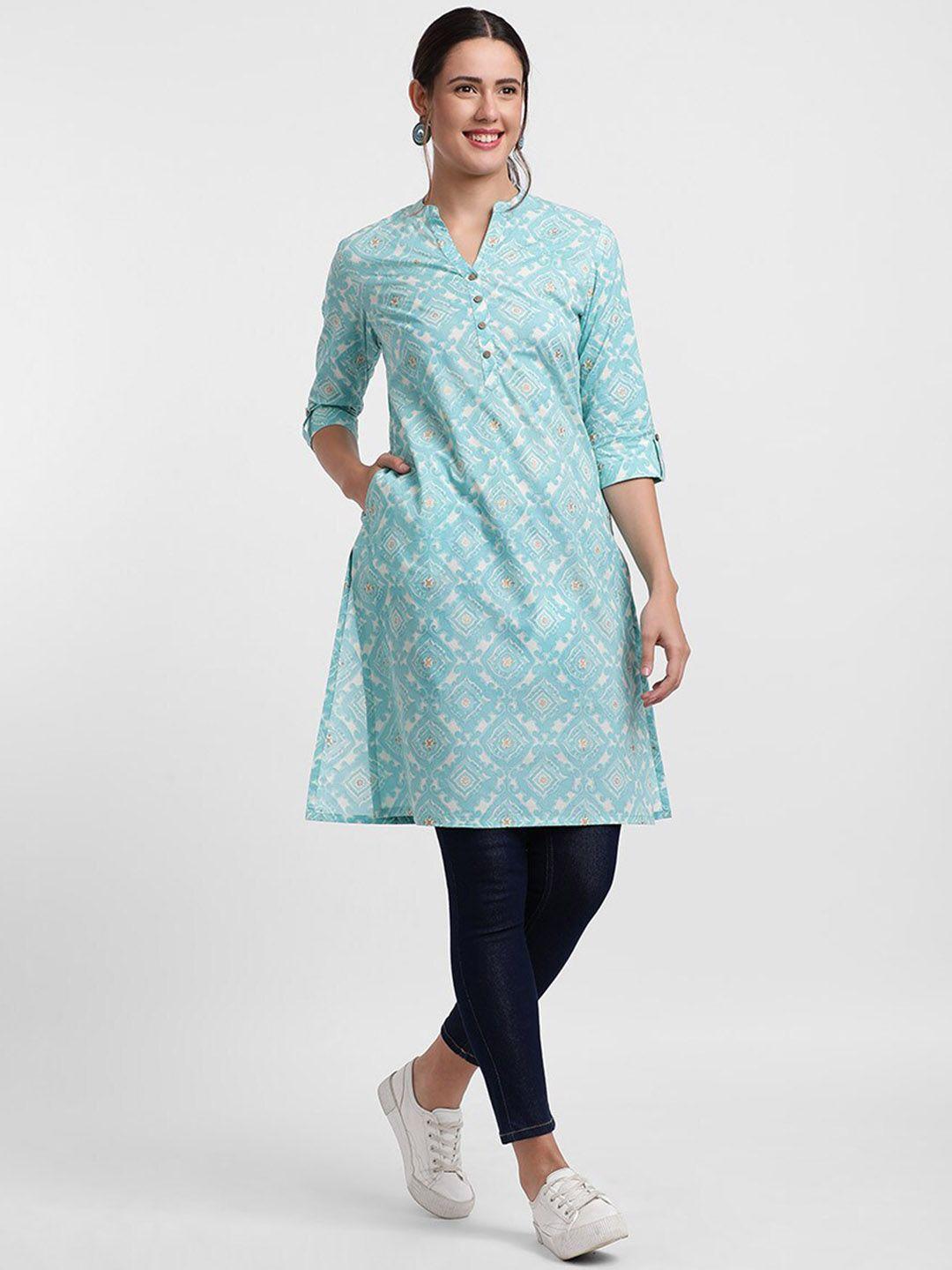 styli turquoise blue ethnic ikat printed mandarin collar roll-up sleeves cotton kurta