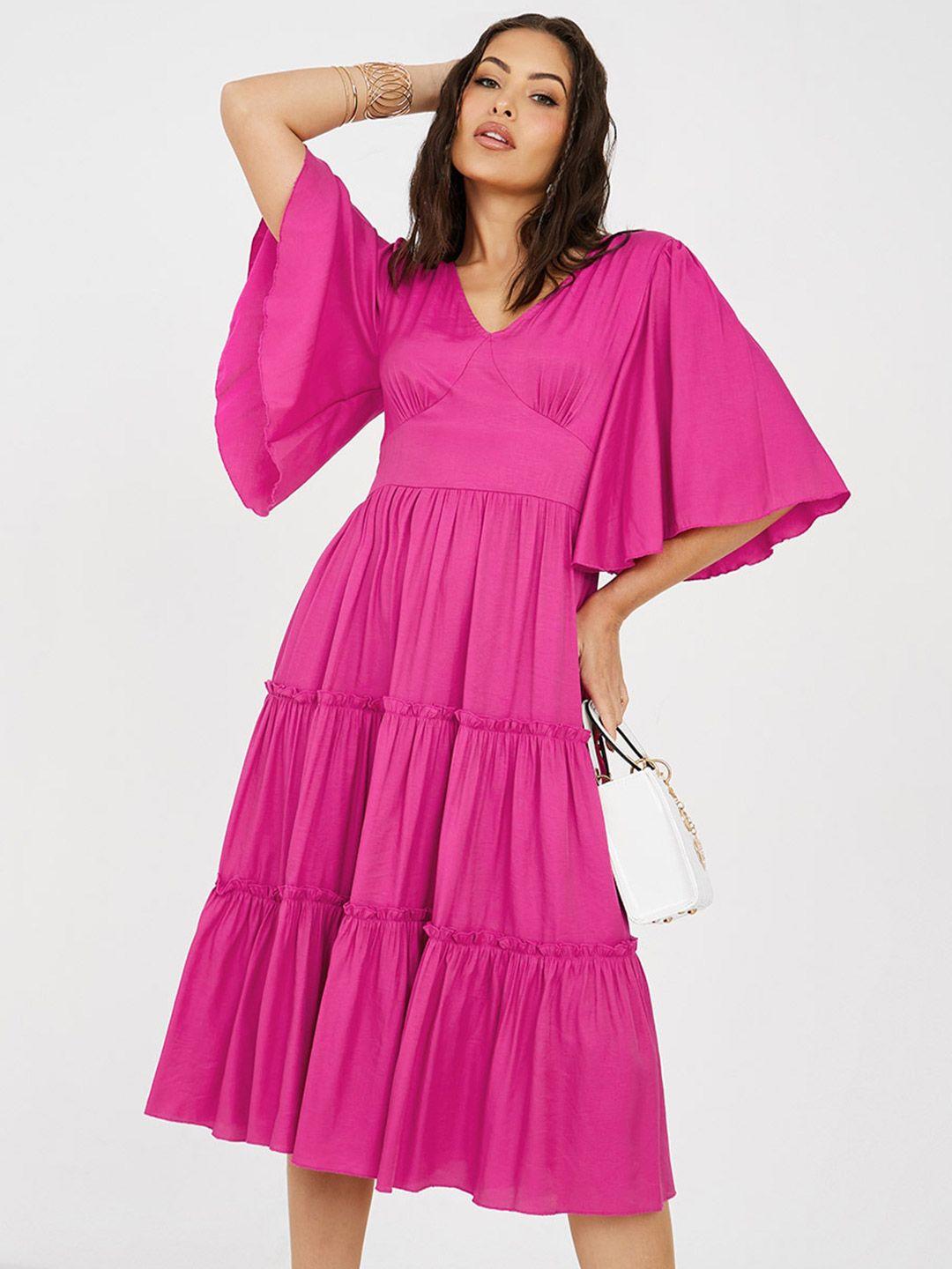 styli v-neck flared sleeves tiered fit & flare midi dress