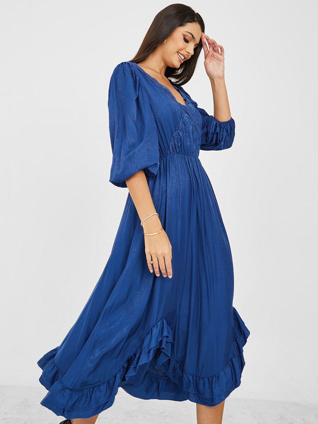 styli v-neck puff sleeves ruffle detail fit & flare dress