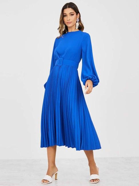 styli volume sleeve pleated a-line midi dress with belt