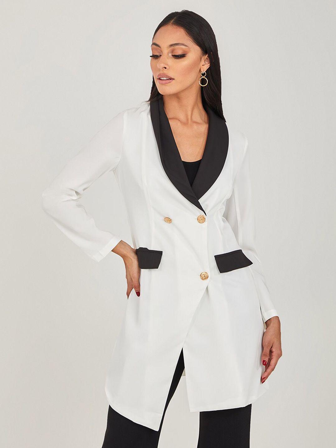 styli white & black contrast notch lapel longline blazer with buttons