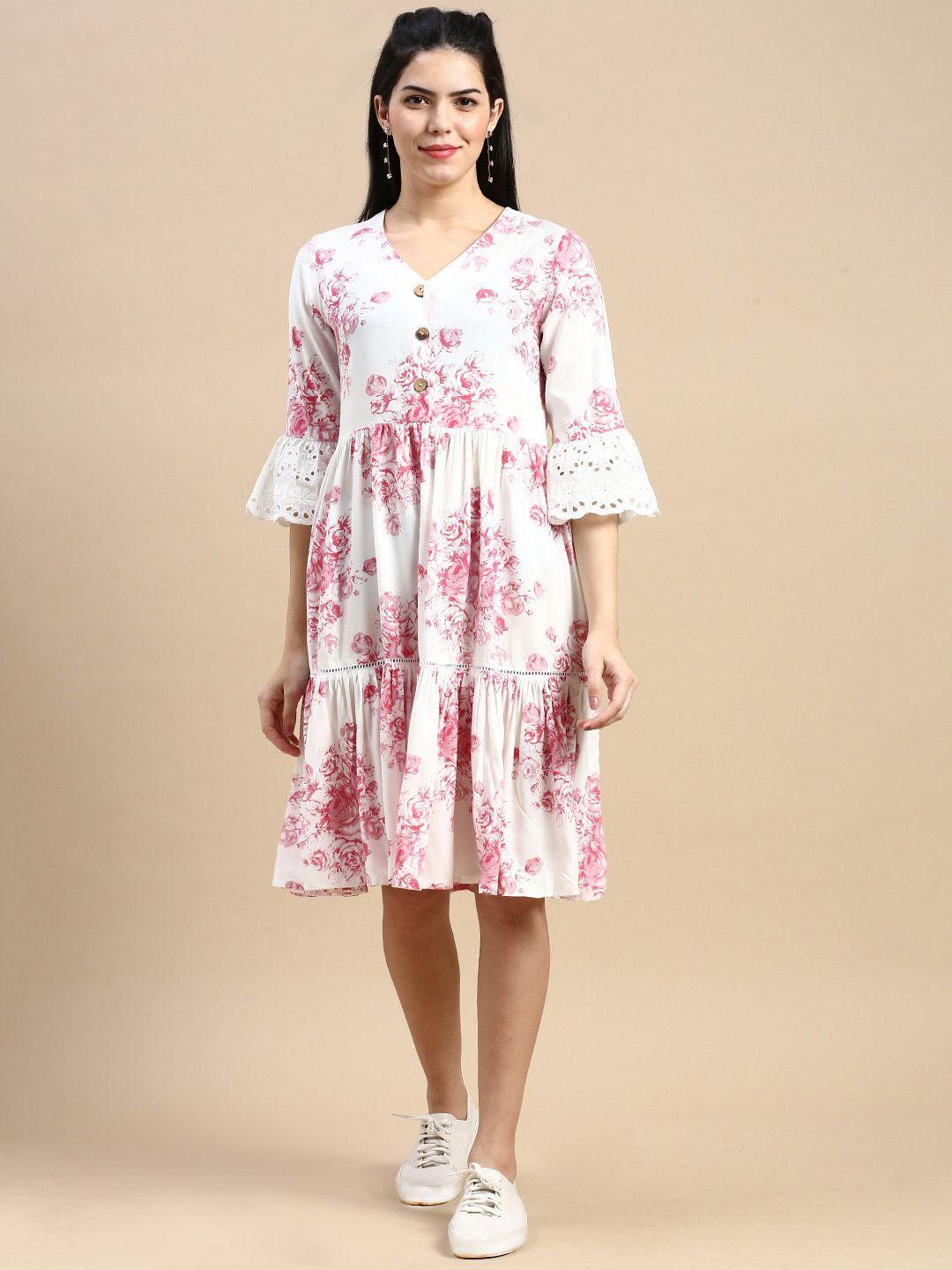 styli white & pink floral printed bell sleeves v-neck cotton tiered fit & flare dress