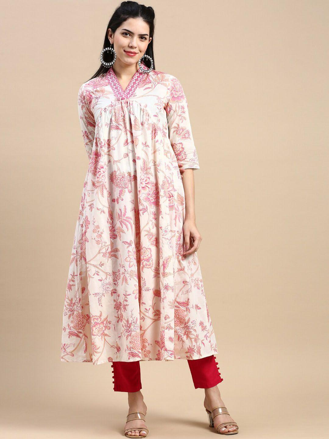 styli white & pink floral printed v-neck thread work cotton anarkali kurta