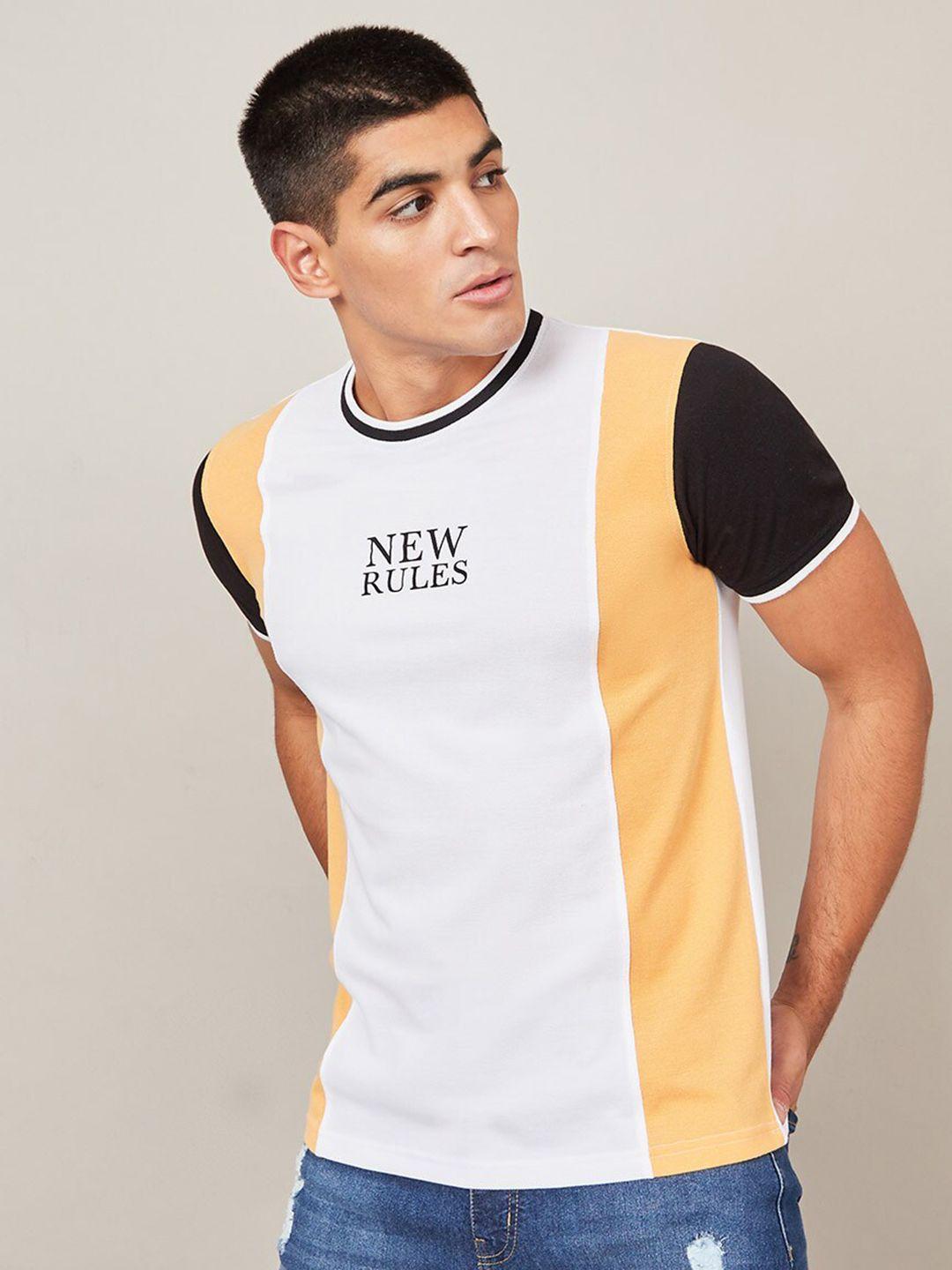 styli white & yellow colourblocked round neck cotton t-shirt