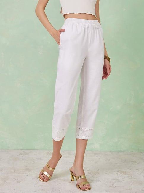 styli white cotton embroidered cropped pants