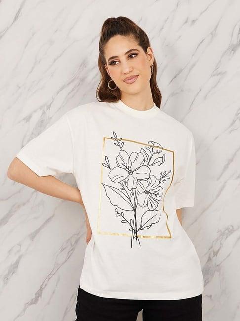 styli white cotton floral print t-shirt