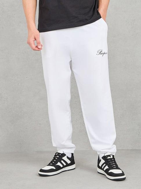 styli white cotton relaxed fit printed joggers