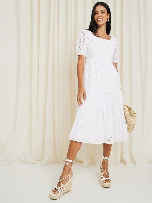 styli white cotton self design midi dress