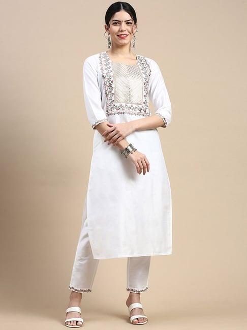 styli white embroidered kurta pant set