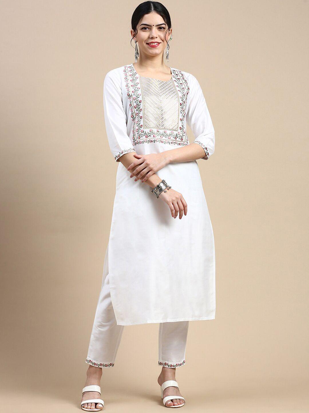 styli white floral yoke design zari thread work kurta with trousers