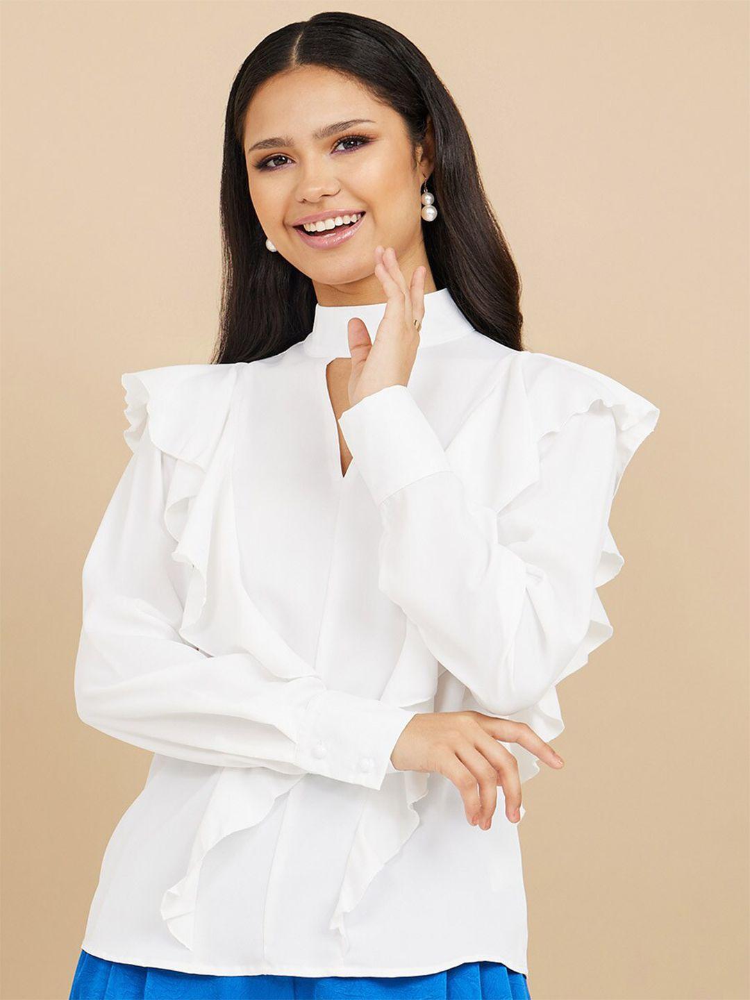 styli white long sleeves cut-out ruffle detail blouse