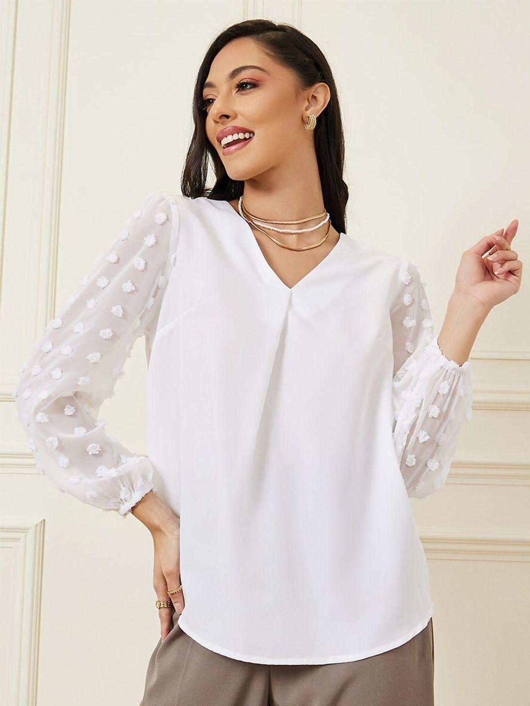 styli white self design dobby v-neck puff sleeves top