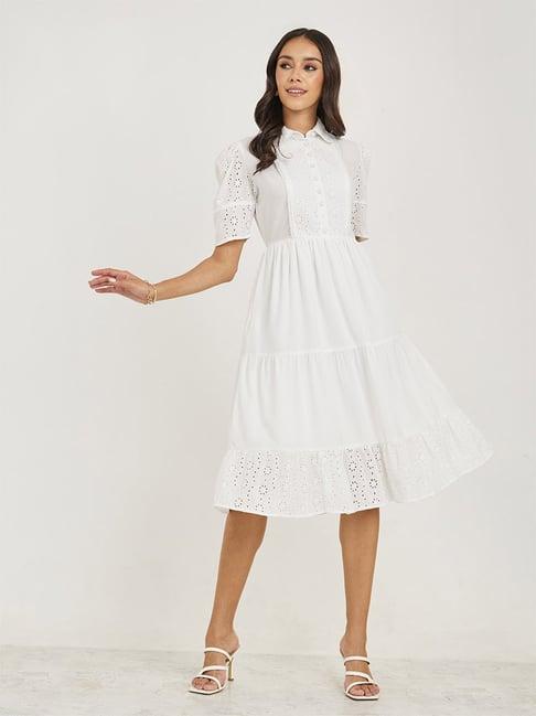 styli white self design shirt dress