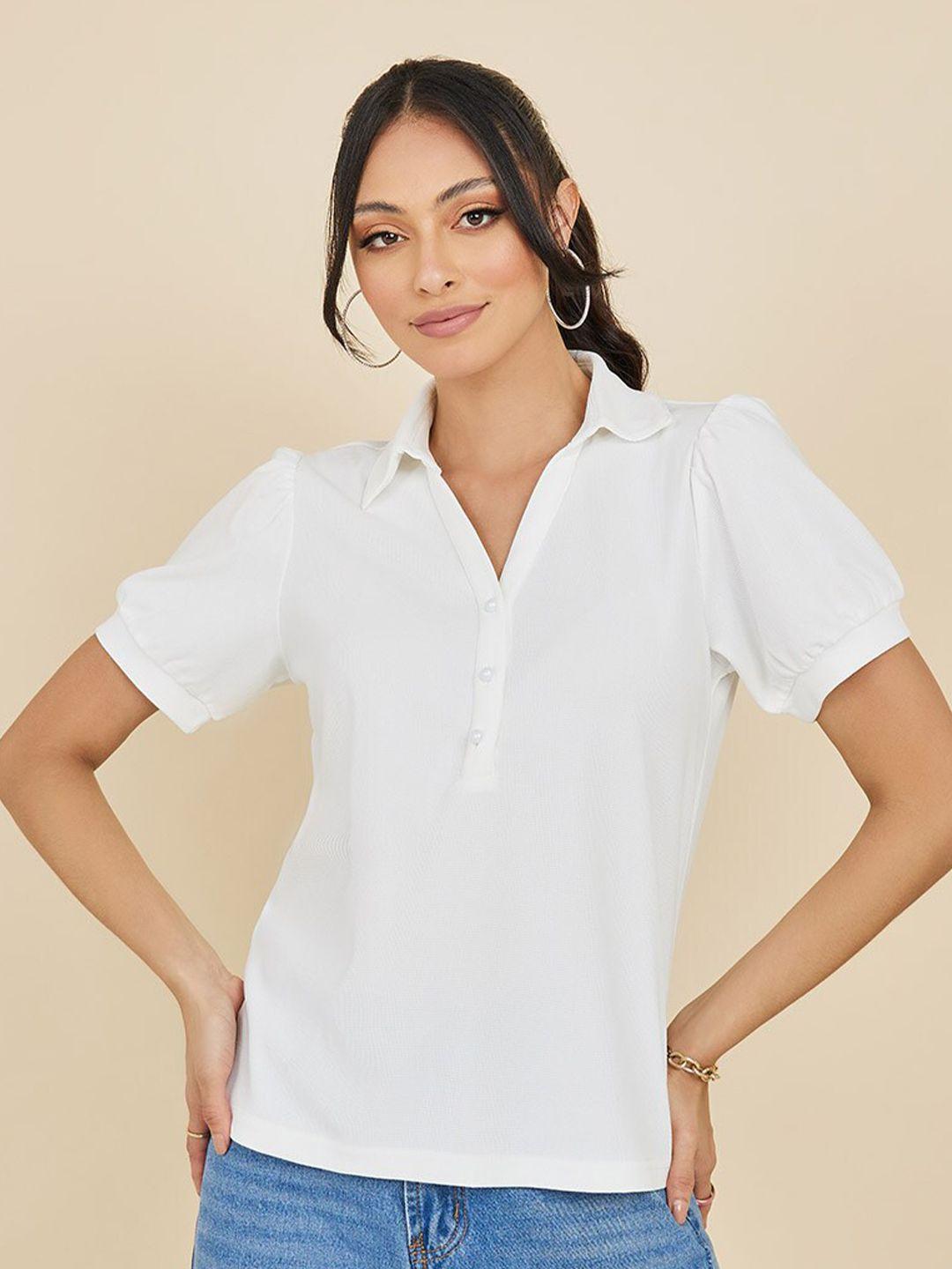 styli white v-neck puff sleeves t-shirt