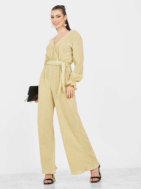 styli wide leg wrap front shimmer fabric jumpsuit