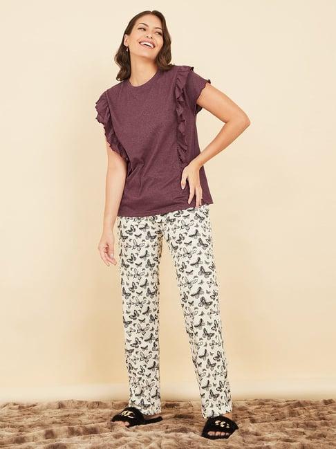 styli wine & cream printed top pyjama set