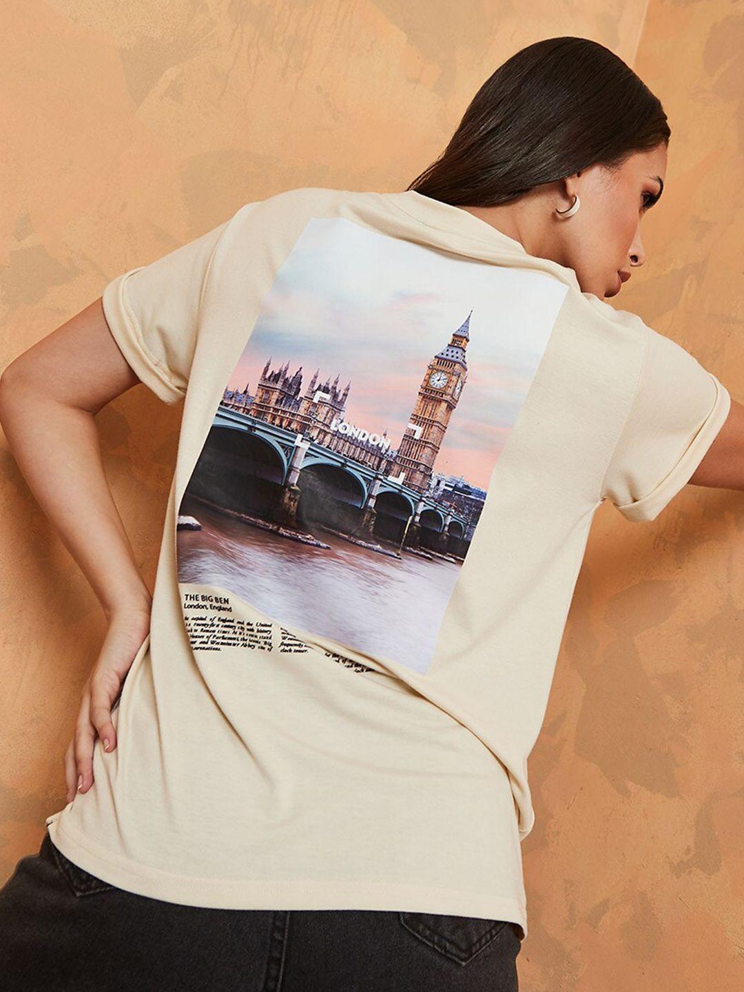 styli women beige printed t-shirt
