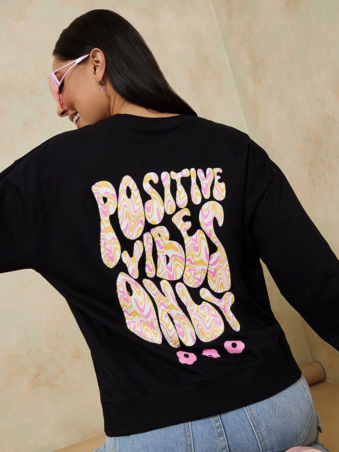 styli women black cotton regular length slogan print regular fit sweatshirt