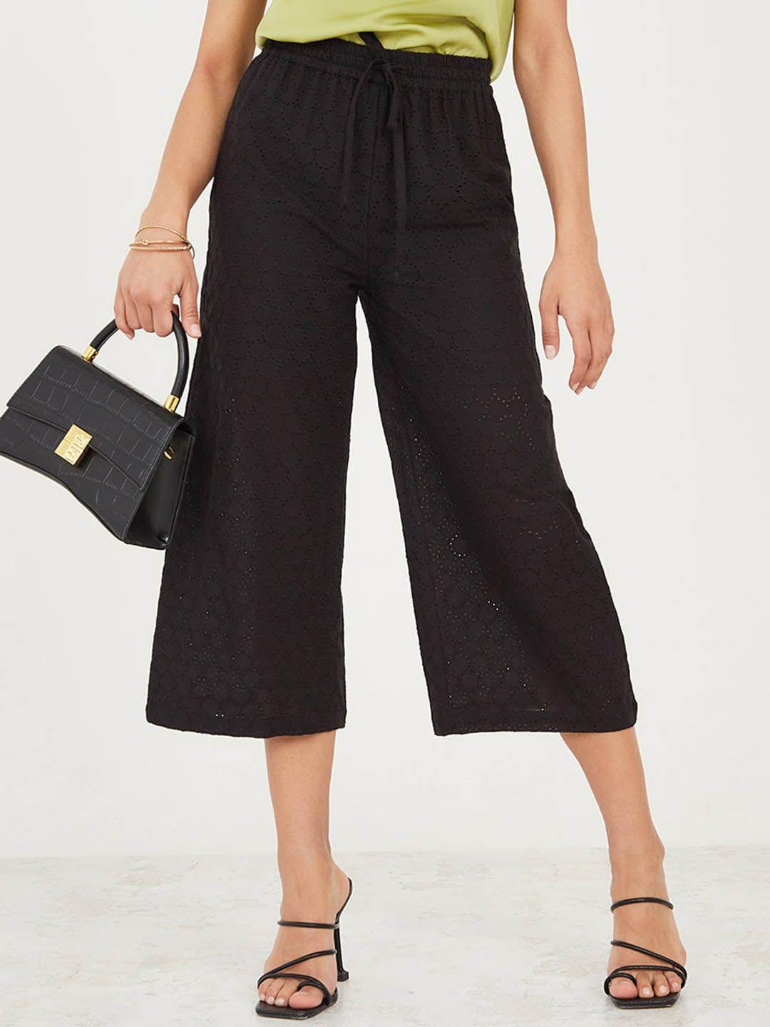 styli women black flared high-rise culottes trousers