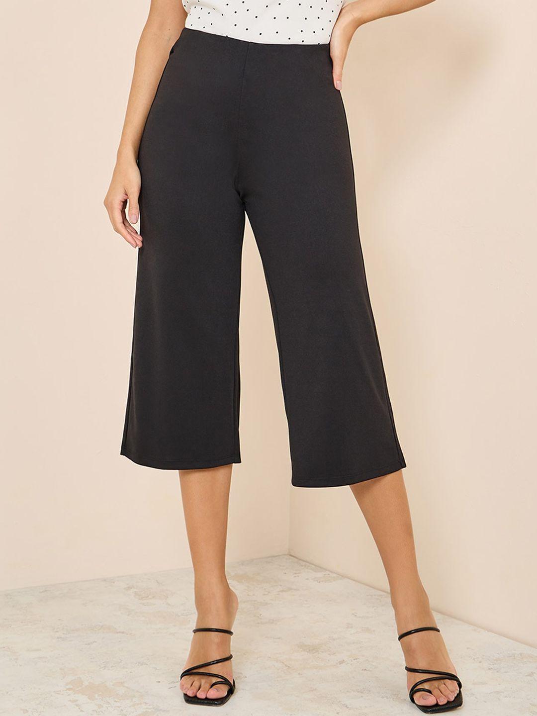 styli women black flared high-rise culottes trousers