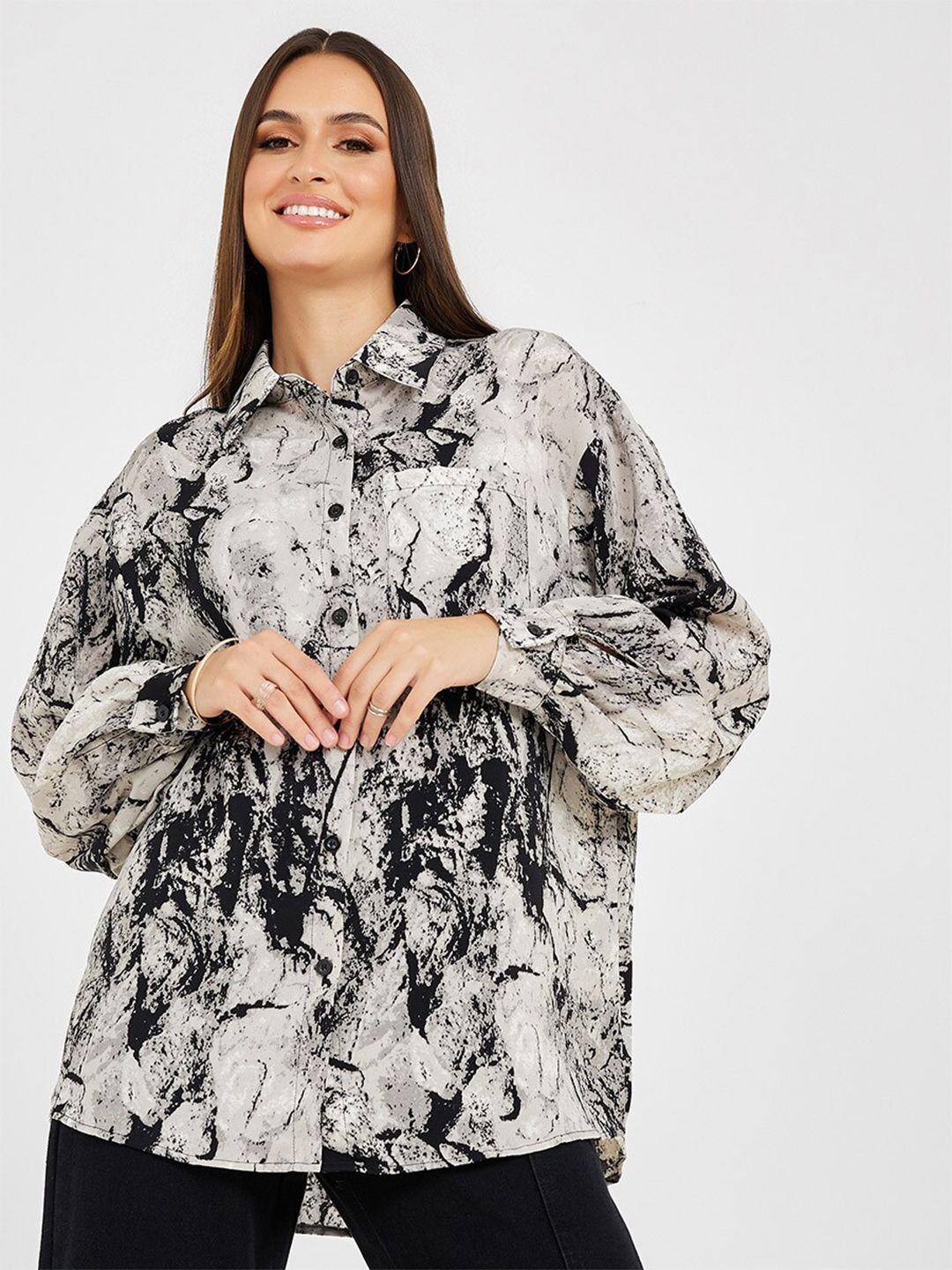 styli women black long sleeves abstract print button up oversized longline shirt