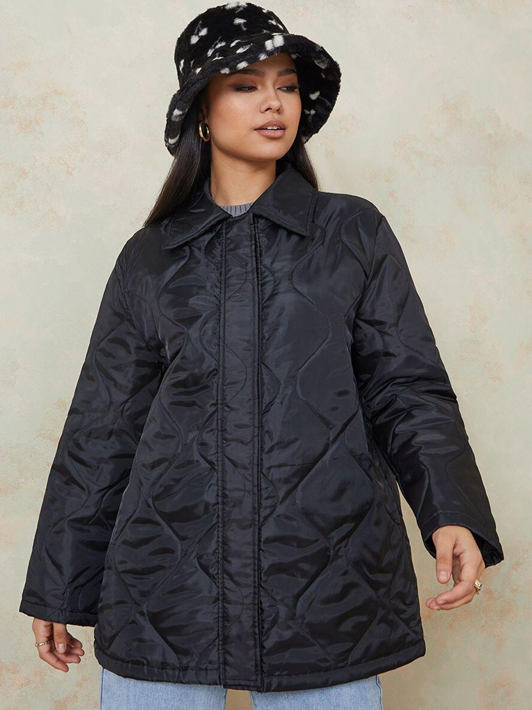 styli women black longline quilted jacket