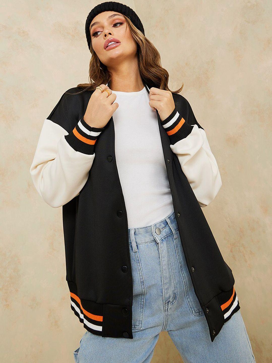 styli women black nyc back embroidered regular fit varsity bomber jacket