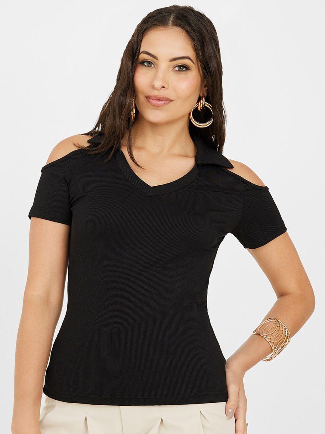 styli women black v-neck pockets slim fit t-shirt