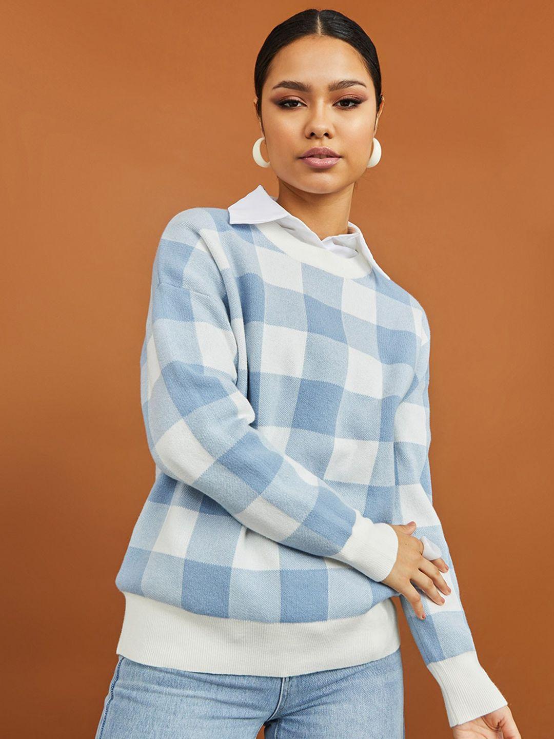 styli women blue & white checked regular length boxy fit sweater