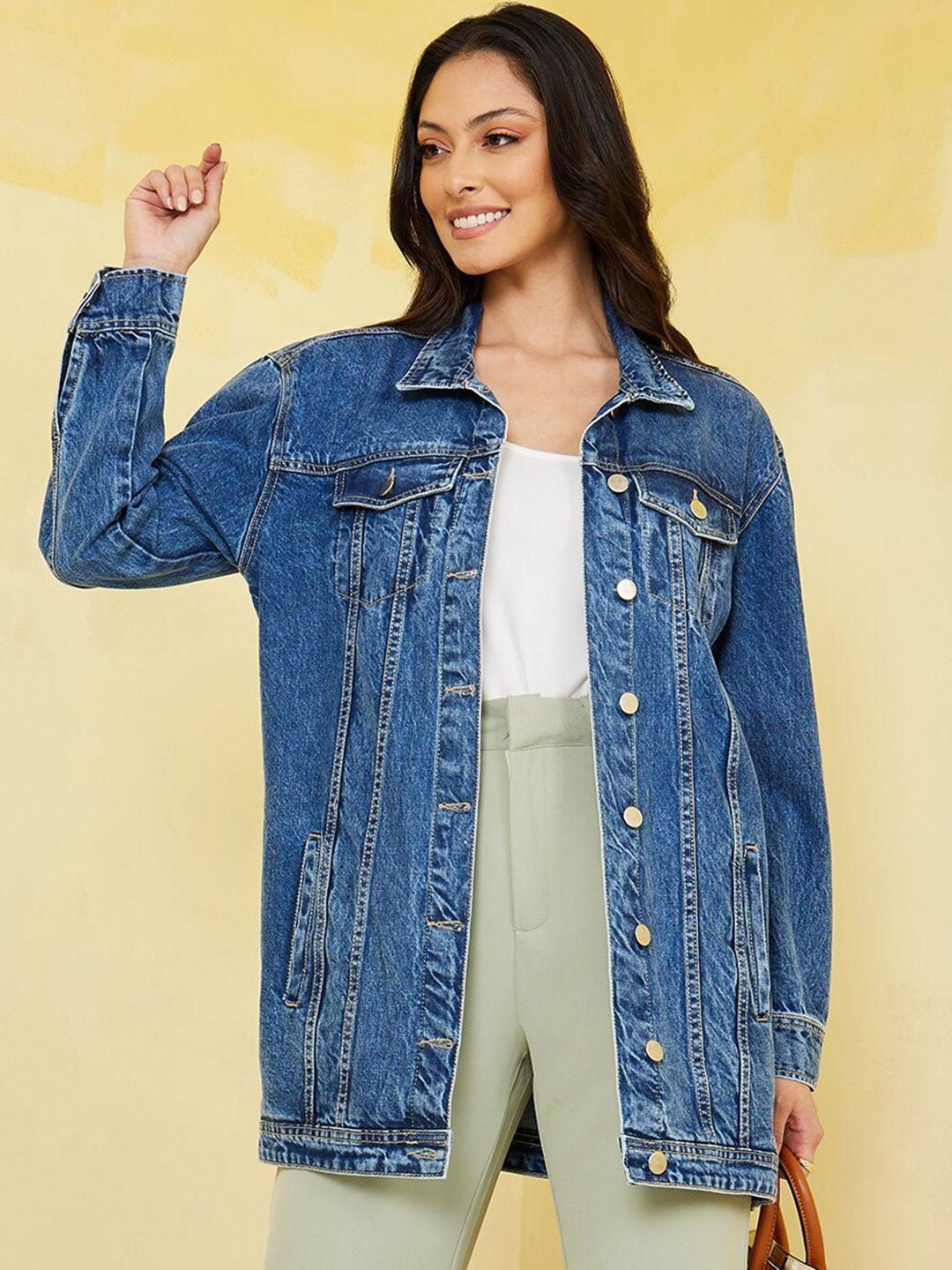 styli women blue washed longline denim jacket with embroidered