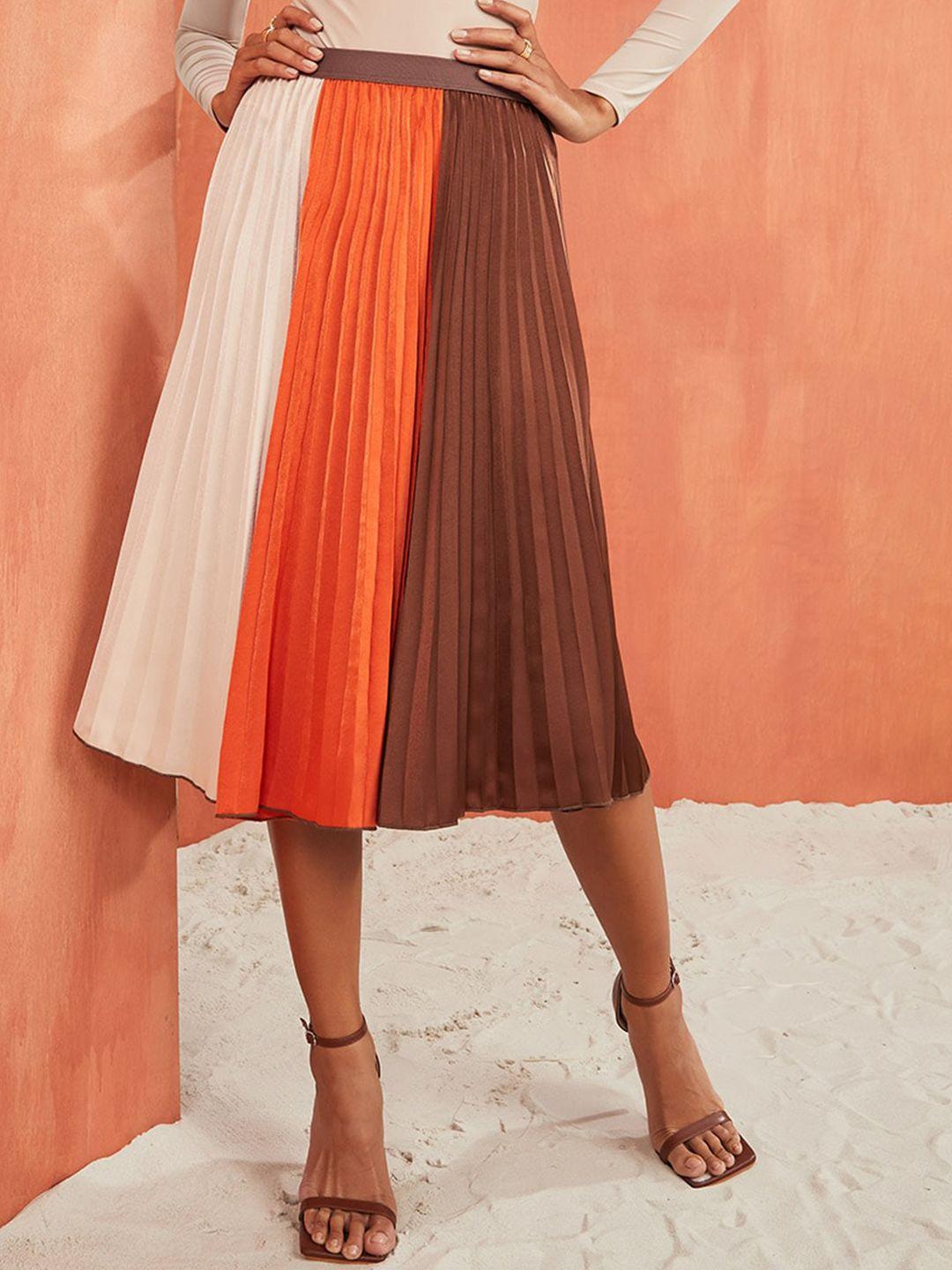 styli women brown & beige colorblock pleated a-line midi skirt