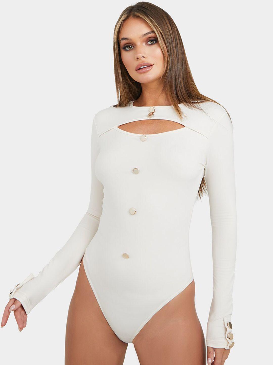 styli women cream button embellished  bodysuit