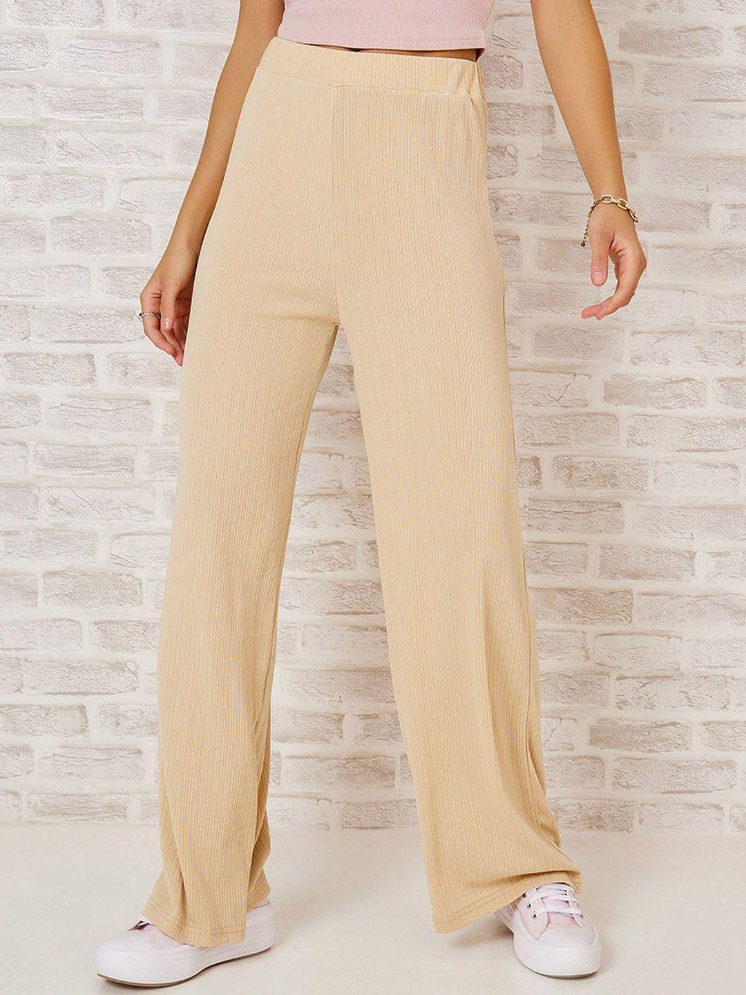 styli women cream-coloured high waist wide leg plisse trousers