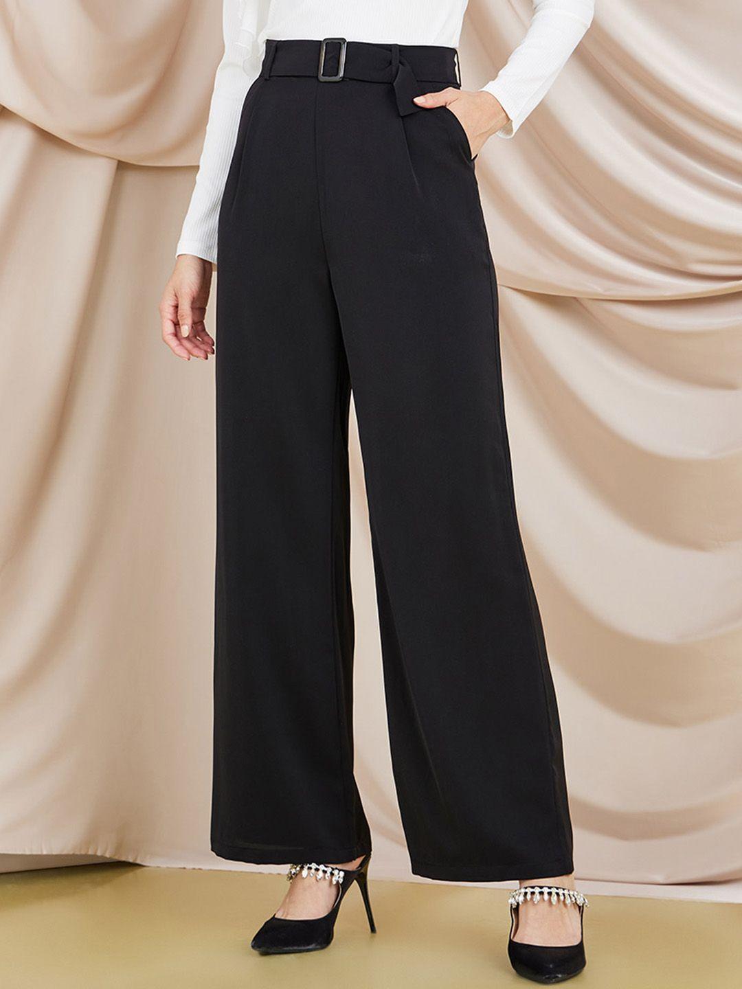 styli women flared high-rise pleated parallel trousers with belt