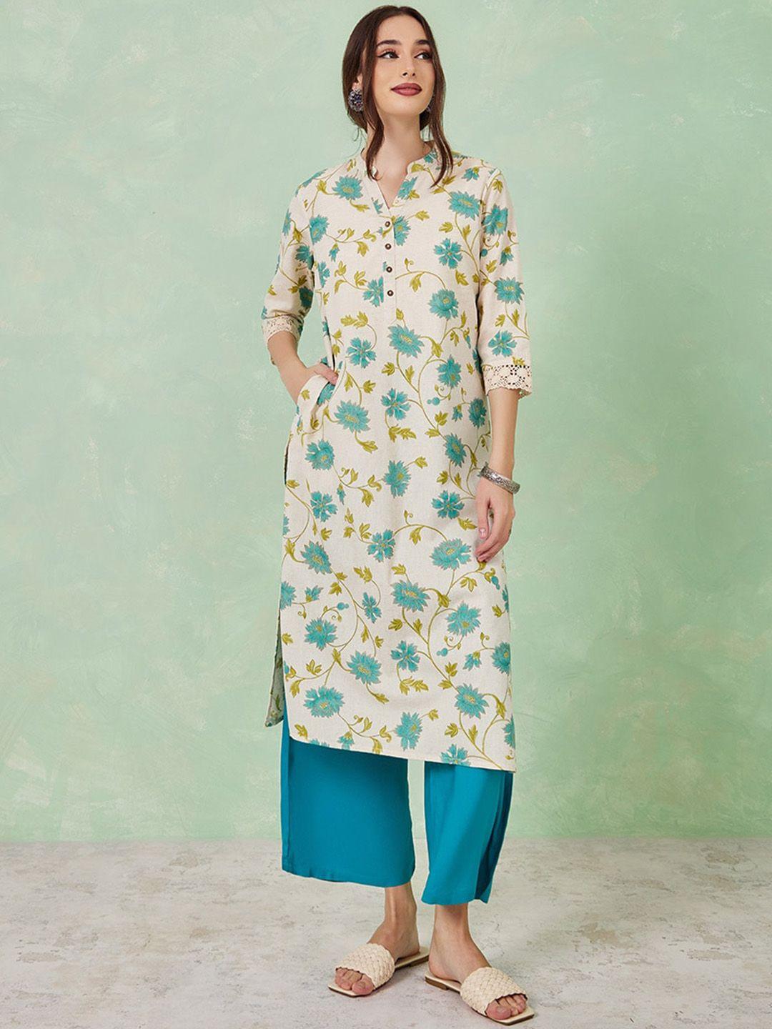 styli women floral print mandarin collar pure cotton straight kurta